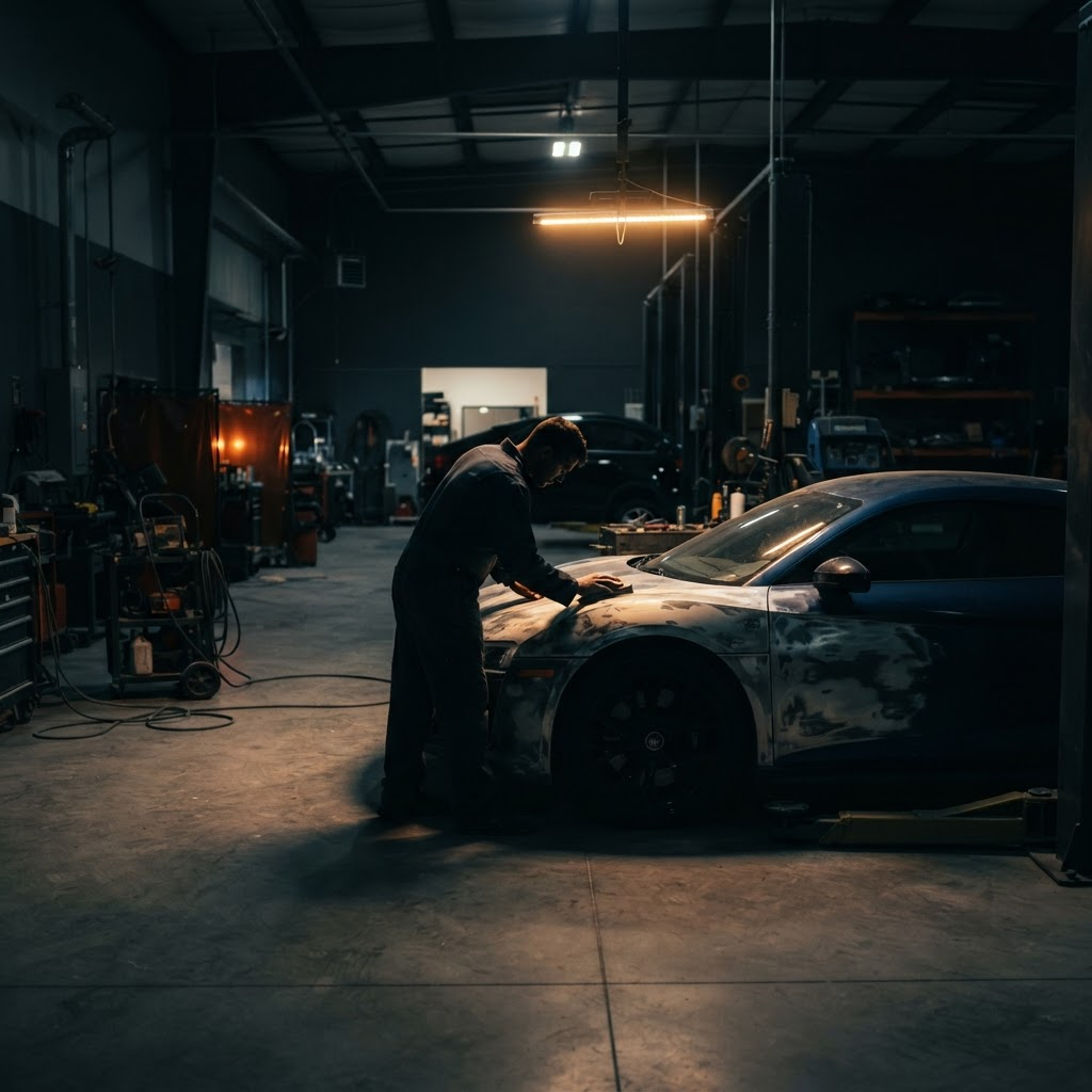 Interior of Reyez Automotive Body Shop with a vehicle being repaired under work lights