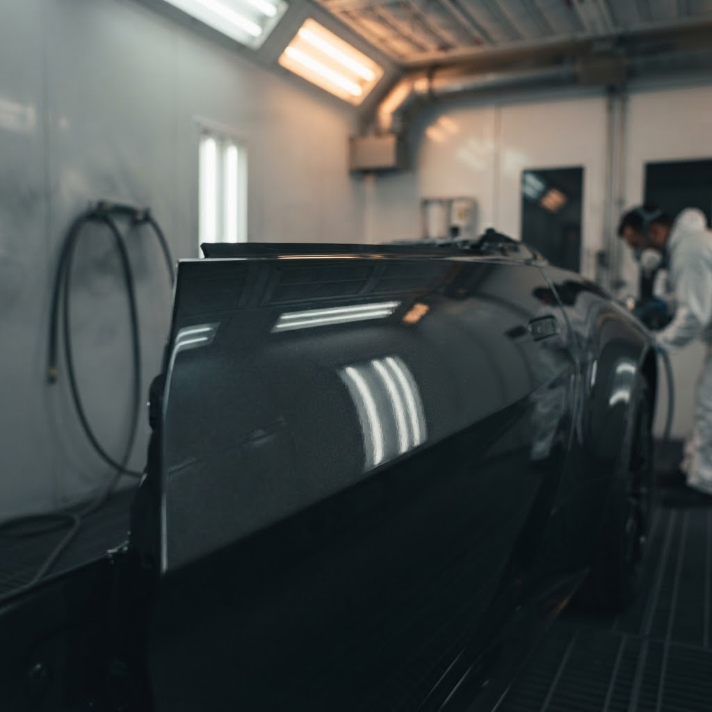 Freshly painted glossy car panel in the Reyez paint booth